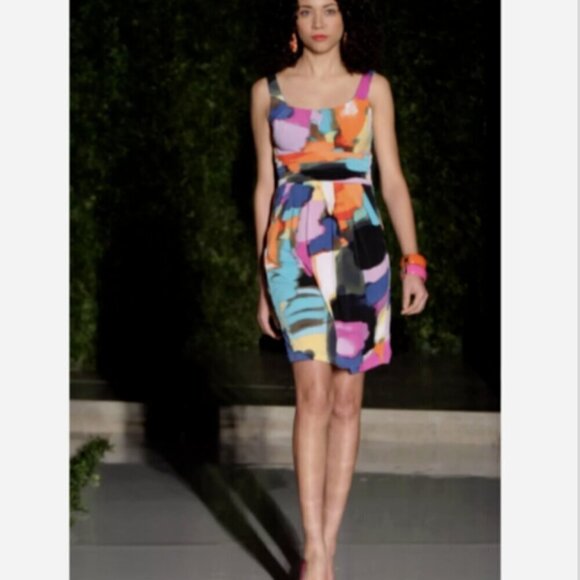 Bisou Bisou Sleeveless Sheath Dress Sz 4 Abstract Watercolor Print Pockets 217J - Picture 2 of 9